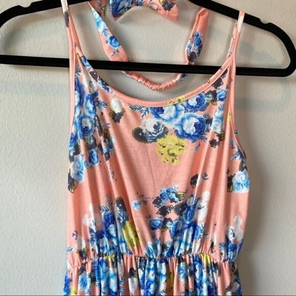 Pink Floral Spaghetti Strap Maxi Dress & Headband - Picture 3 of 7